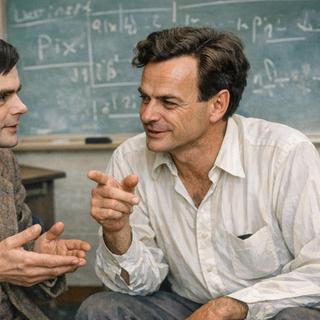 Uma foto imaginária criada pela IA do Bing representando Alan Turing, à esquerda, e Richard Feynman, à direita. O primeiro está na origem de trabalhos fundamentais em computadores clássicos e o segundo em computadores quânticos. ©Bing