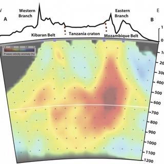 Tomografia sísmica leste-oeste correspondente à linha pontilhada preta no mapa. As rochas quentes do manto são vermelho-alaranjadas, as rochas mais frias são azuis. As rochas quentes do manto circundam o cráton da Tanzânia, são mais abundantes a leste do que a oeste do cráton. © Koptev et al., Nature Geoscience