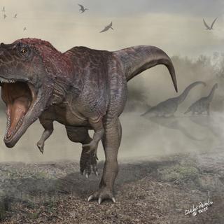 Meraxes gigas, um novo predador gigante do Cretáceo, que estranhamente se assemelha ao T-rex com seus braços minúsculos. © Carlos Papólio