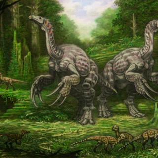 Illustration de therizinosaurus&nbsp;qui possédait d'étranges griffes à la fonction incertaine. © ABelov2014, Wikimedia Commons, CC&nbsp;by 3.0