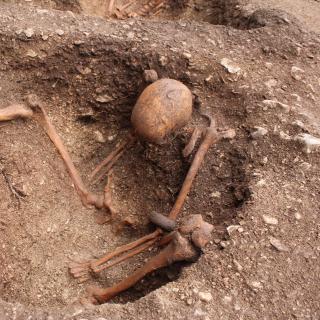 Um alinhamento de covas, cada uma contendo um indivíduo gaulês sentado, foi encontrado durante escavações em Dijon. © Hervé Laganier, Inrap 