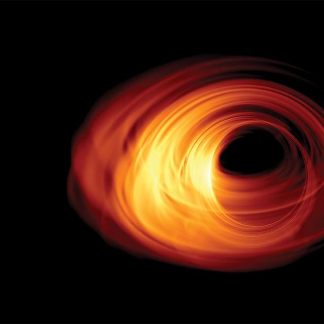 Illustration artistique, dans les ondes radio millimétriques, de l&#39;horizon du trou noir au centre de notre galaxie, la Voie lactée. © M. Moscibrodzka, T. Bronzwaar et H. Falcke, Radboud University