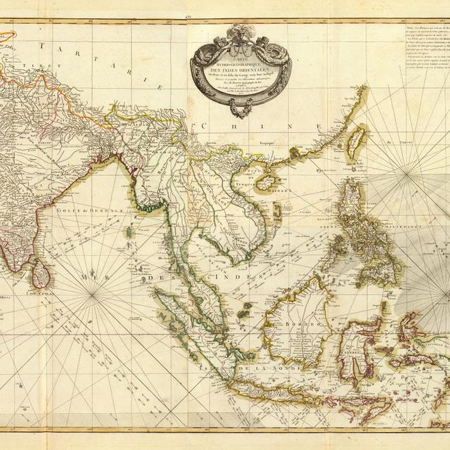 Carte hydro-géographique des Indes orientales&amp;nbsp;(Inde et Asie du sud-est) dressée par le géographe-hydrographe du roi Louis XV et imprimée à Paris en 1771. © Wikimedia Commons, domaine public