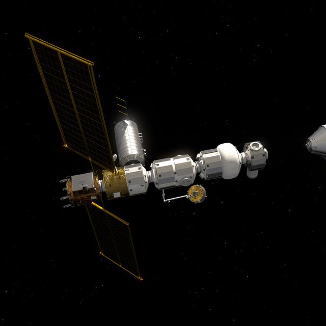 Vue d&#39;artiste de la future petite station spatiale lunaire (Gateway) avec un véhicule spatial Orion en approche. © ESA, J. Huart
