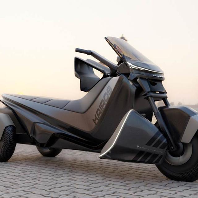 Avec son design futuriste et inédit, le Kairos est un scooter trois roues à propulsion électrique qui permet de s’incliner dans les virages, sans craindre de chuter. © Sirems