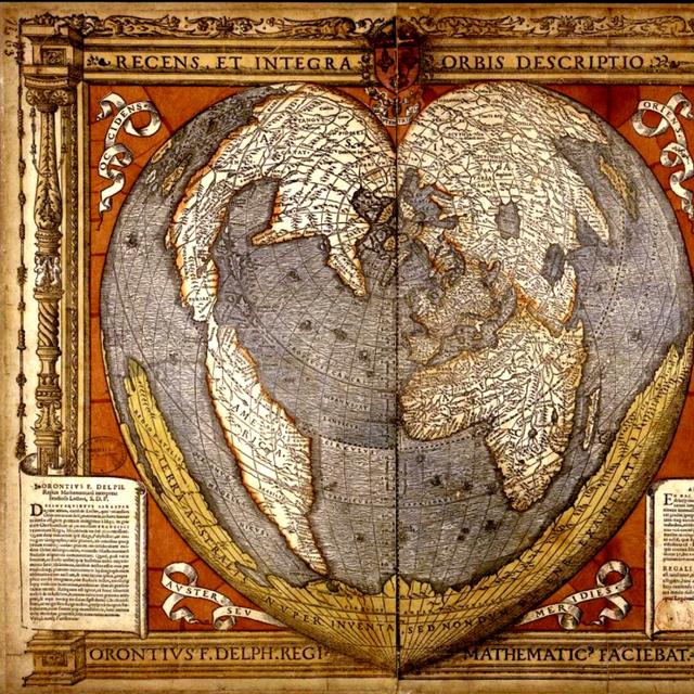 Mappemonde en forme de cœur montrant l&#39;étendue supposée de la Terre Australe inconnue ; carte gravée sur bois et aquarellée, par Oronce Fine en 1536.&amp;nbsp;© Bibliothèque nationale de France, domaine public.