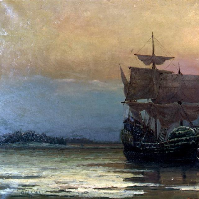 Le navire Mayflower arrivant dans la baie de Plymouth en 1620. Des colons débarquent dans une chaloupe. Tableau peint par William Halsall en 1882, Pilgrim Hall Museum, Plymouth, Massachusetts, États-Unis. © Wikimedia Commons, domaine public.