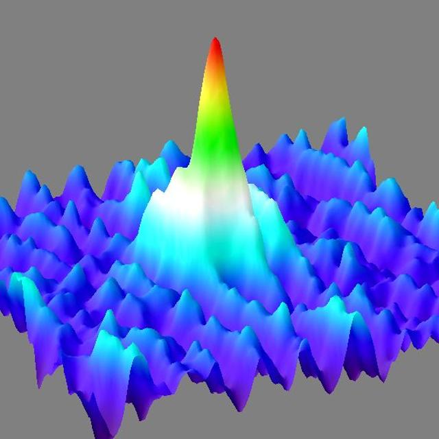 Les dizaines de milliers d&#39;atomes de calcium dans le condensat de Bose-Einstein sont décrits par une seule fonction d&#39;onde bien piquée comme le montre cette représentation. Les atomes réagissent donc d&#39;un bloc. Crédit : Physikalisch-Technische Bundesanstalt 