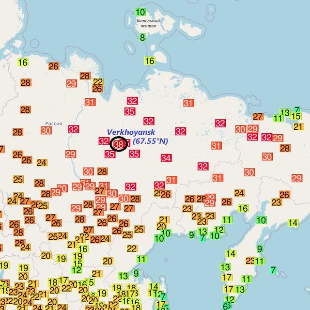 Il a fait 38 °C à Verkhoyansk ce 20 juin 2020, soit la température la plus haute jamais mesurée au-delà du cercle arctique. © Etienne Kapikian, Twitter