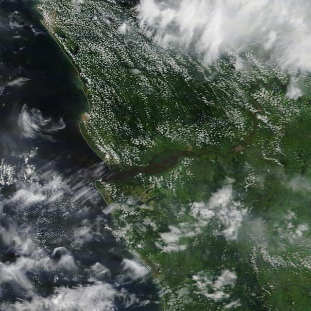 En décembre 2019, une crue exceptionnelle du fleuve Congo a vu passer 70.000 mètres cubes d&#39;eau par seconde à Kinshasa. Ce déluge aurait déclenché l’avalanche sous-marine dans le canyon en aval. ©&amp;nbsp;Nasa&amp;nbsp;WorldView