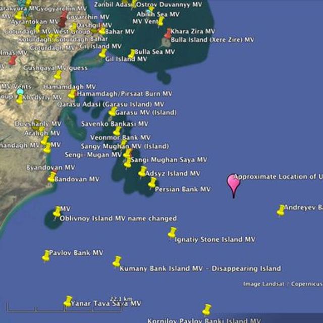 L’éruption s’est produite en mer Caspienne, à environ 75 kilomètres au large des côtes de Bakou, la capitale de l'Azerbaïdjan. © Mark Tingay, Twitter