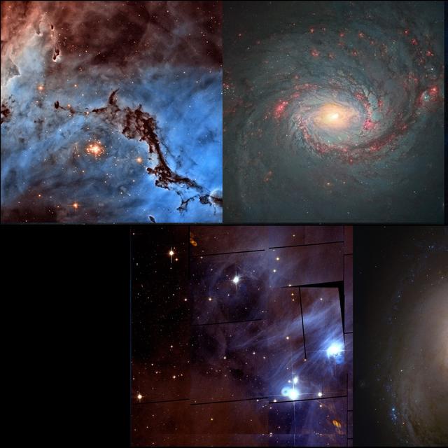 Les cinq images arrivées en tête du concours proposé par l&#39;Esa pour dénicher et traiter des clichés inconnus pris par le télescope Hubble. De gauche à droite et de haut en bas : NGC 1763 (©&amp;nbsp;Nasa, Esa, Josh Lake), Messier 77 (©&amp;nbsp;Nasa, Esa, Andre van der Hoeven), XZ Tauri (©&amp;nbsp;Nasa, Esa, Judy Schmidt), Chamaeleon I (©&amp;nbsp;Nasa, Esa, Renaud Houdinet), Messier 96 (©&amp;nbsp;Nasa, Esa, Robert Gendler).
