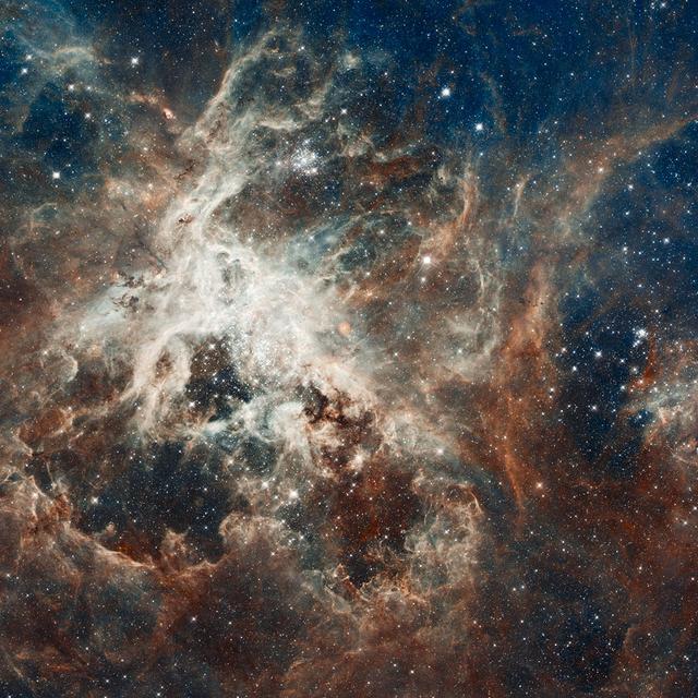 Cette image de la nébuleuse de la Tarentule est l&#39;une des plus grandes mosaïques réalisées à partir des clichés pris par le télescope spatial Hubble, qui fête ses 22 ans. © Nasa/Esa/ESO