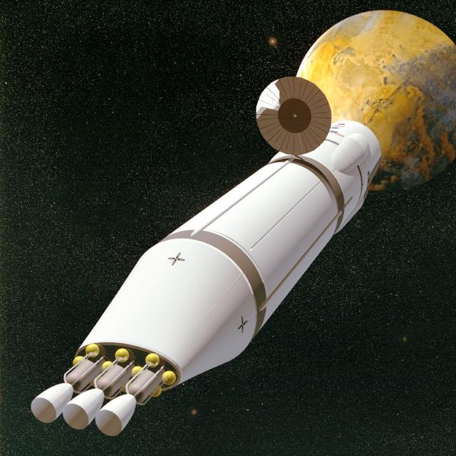 Un des nombreux concepts de véhicule spatial (ici l&#39;un de ceux de la Nasa)&amp;nbsp;pour atteindre Mars. Pour protéger l&#39;équipage des radiations durant le voyage, il sera possible de privilégier&amp;nbsp;certains matériaux, voire d&#39;installer les réserves d&#39;eau (une bonne protection) autour du vaisseau.&amp;nbsp;© Nasa