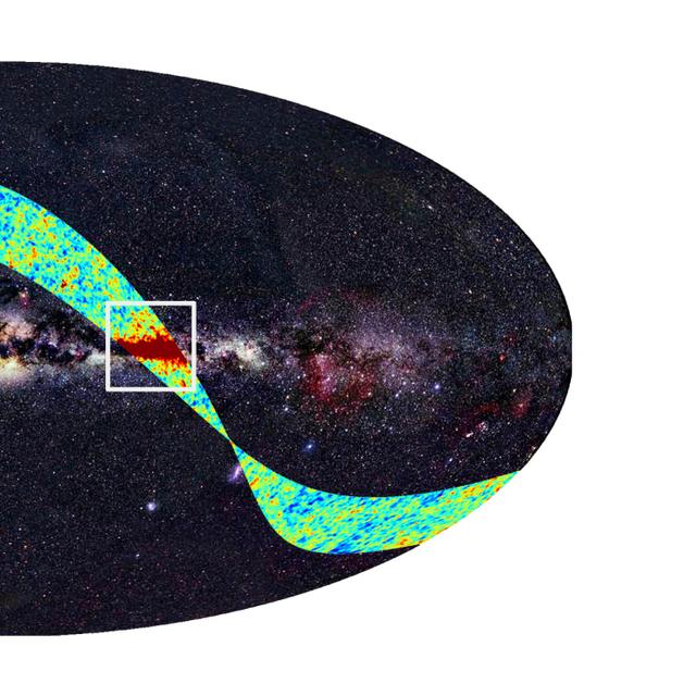 Sur fond d&#39;observation de la Voie lactée dans le domaine optique, les premières observations de Planck apparaissent superposées. Dans le carré supérieur, le rayonnement fossile avec des fluctuations de température est visible (en rouge les plus chaudes et en bleu les plus froides). L&#39;autre zone carrée montre les émissions dans le plan de la Galaxie. Crédit : Esa, LFI &amp; HFI Consortia (Planck)