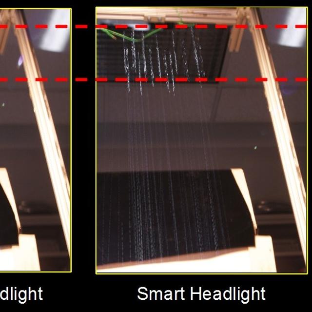 À gauche (standard headlight), la visibilité que produit un phare classique sous la pluie. À droite (smart headlight), la visibilité obtenue par le système d’éclairage intelligent mis au point par les chercheurs du laboratoire Carnegie Mellon.&amp;nbsp;©&amp;nbsp;Carnegie Mellon