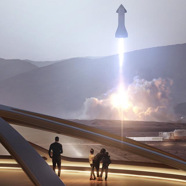 Sur cette vue d’artiste, le Starship en partance pour Mars. © SpaceX