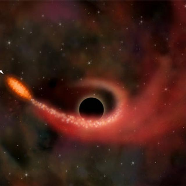 Une vue d&#39;artiste montrant la dislocation d&#39;une étoile passée trop près d&#39;un trou noir. Elle est d&#39;abord aplatie comme une crêpe par les forces de marée avant d&#39;exploser en libérant du gaz avalé par le trou noir. Crédit : Nasa-CXCM, Weiss