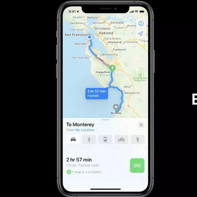 La mise à jour d’Apple Plans avec les itinéraires optimisés pour les voitures électriques. © Apple