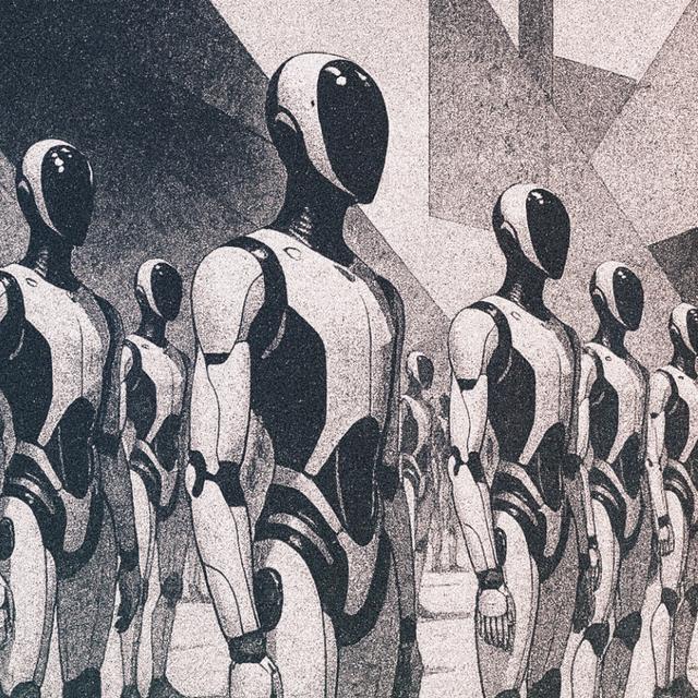 Des rangées impeccables de robots humanoïdes… derrière l’image, un marché beaucoup moins stable qu’il n’y paraît. Illustration générée à l'aide d'une IA.&nbsp;© XD avec ChatGPT