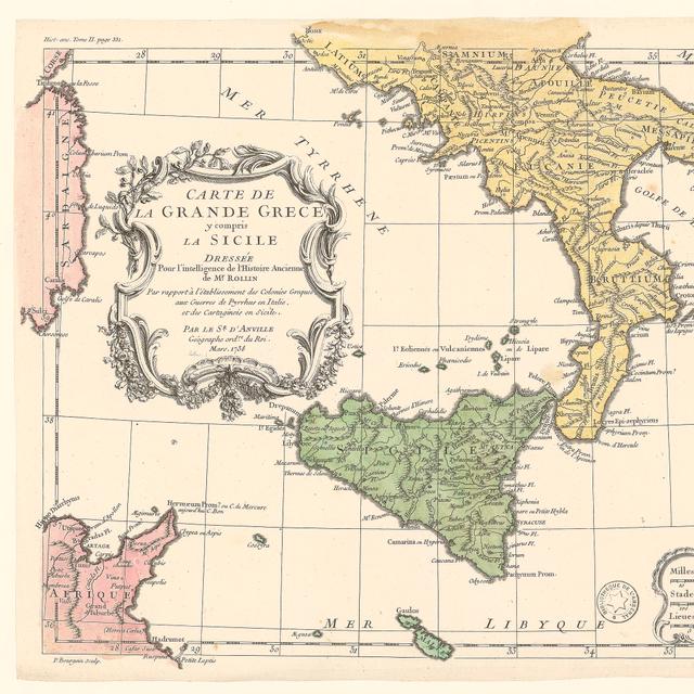 Carte de la Grande Grèce, y compris la Sicile, dressée pour l'intelligence de l'Histoire Ancienne de Mr. Rollin par rapport à l'établissement des Colonies Grecques, aux Guerres de Pyrrhus en Italie et des Cartaginois en Sicile, par le Sr d'Anville. © Wikimedia Commons, domaine public