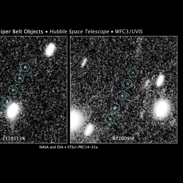 Deux nouveaux objets de la Ceinture de Kuiper découverts par Hubble. Seule une étude plus précise des caractéristiques de leurs orbites en fera ou pas une destination pour New Horizons après son passage près de Pluton. © Nasa, Esa, SwRI, JHU/APL &amp;amp;, New Horizons KBO Search Team