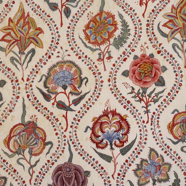Détail agrandi d&#39;une indienne, toile de coton imprimée en Inde vers 1750. ©&amp;nbsp;Collection du Musée de l&#39;Impression sur Étoffes de Mulhouse (MISE), 2018