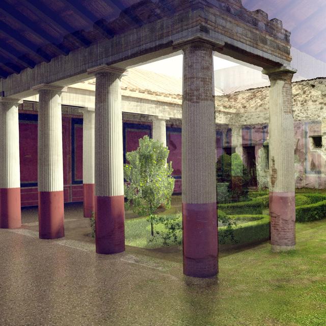 La villa de Diomède virtuellement reconstruite. En combinant des images satellitaires, des photos prises du sol et des clichés saisis depuis un drone spécialement conçu, la photogrammétrie mise au point par Iconem construit un modèle que les archéologues peuvent étudier de multiples manières. Il est possible de survoler le site, de zoomer sur un secteur ou encore, par exemple, de visualiser la géométrie seule. Le modèle intègre même des images prises au début du XXe siècle et des dessins du XIXe siècle, une option qui est plus qu&#39;un gadget pour les archéologues qui peuvent suivre l&#39;évolution du site, avec ses dégradations ou ses restaurations. © Futura-Sciences, Jean-Luc Goudet