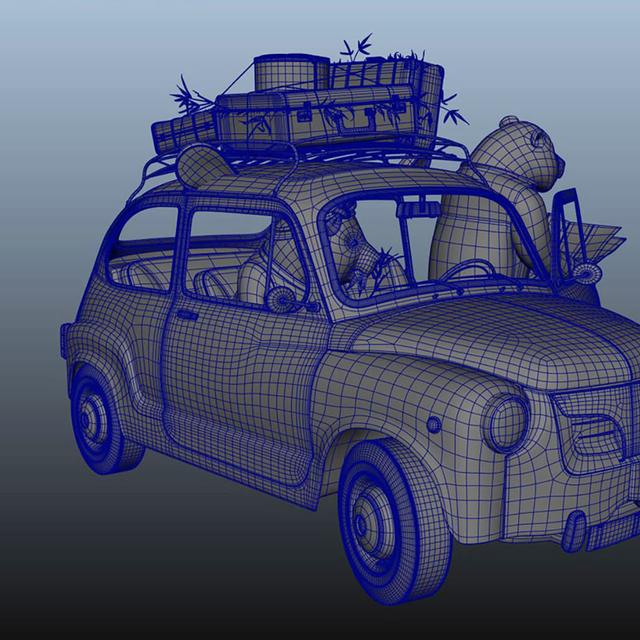 Le making-of de la P4ND4. Au départ, une grille, un maillage en 3D. Tout commence avec une matrice de points, des pixels en 3D qu’on appelle des voxels. La 3D permet de voir en trois dimensions, en hauteur, en largeur et en profondeur, de représenter la réalité telle que nous le voyons. La peinture, au Moyen Âge, ne connaît pas la perspective fuyante ni la représentation du volume ; la réalité est vue sur le même plan, à plat.Making of de la transformation d&#39;une voiture. © Frédéric Müller, tous droits réservés