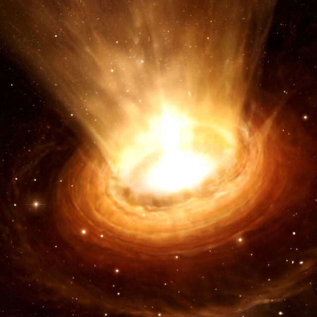 Éruption d'un trou noir supermassif. Vue d'artiste de l'éruption d'un trou noir supermassif ;&nbsp;gaz et poussières sont représentés en marron ; ils sont attirés par l'énorme gravité du trou noir niché au centre d'une galaxie elliptique.