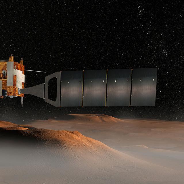 Illustration de l'ESA sur&nbsp;Mars Express au-dessus du volcan Tharsis.&nbsp;© NASA/JPL/ESA, Corby Waste&nbsp;