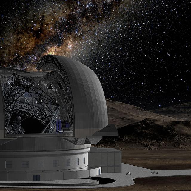 Vue d&#39;artiste du téléscope&amp;nbsp;E-ELT durant des observations de la voie lactée.&amp;nbsp;© ESO