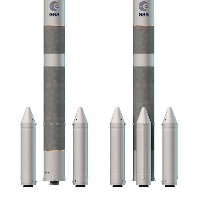 Les deux lanceurs de la famille Ariane 6 ont été officialisés en décembre 2014. Il existe la version à deux boosters (ou propulseurs d&#39;appoint), destinée aux satellites institutionnels, et la version à quatre boosters, pour les marchés commerciaux. © Esa, D. Ducros