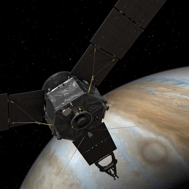 Après un voyage de 2,7 milliards de kilomètres, la sonde Juno de la Nasa s&#39;est mise en orbite autour de Jupiter pour une mission qui se terminera en février 2018. © Nasa, JPL