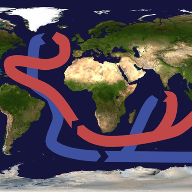 La circulation océanique thermohaline est actionnée par la différence de densité des eaux au niveau du Groenland. La plongée des eaux qui s’ensuit est le moteur du tapis roulant océanique. © Brisbane, Wikimédia CC-by-sa 3.0