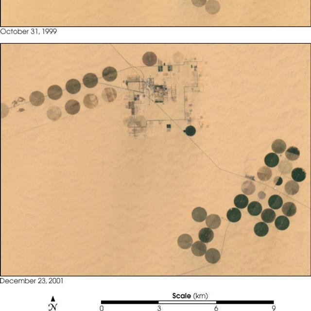 Exploitation de l’eau d’un aquifère fossile pour irriguer des cultures dans le désert égyptien. © Robert Simmon / Nasa Landsat