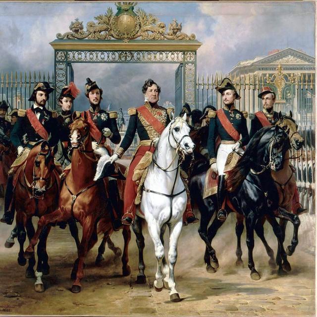 Louis-Philippe, accompagné de ses fils, sortant à cheval du château de Versailles. Peinture d'Horace Vernet, exposée au musée national du Château de Versailles. © Wikimedia Commons, DP