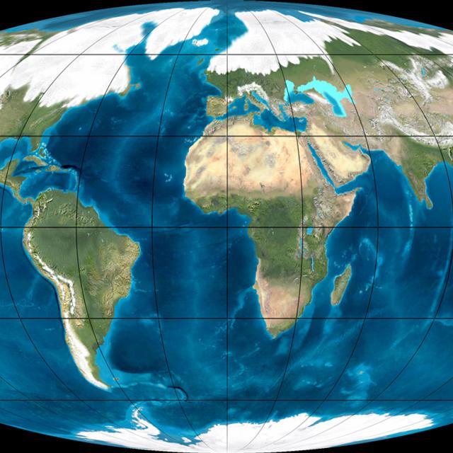 La glace recouvrait une grande partie de l&#39;Europe et de l&#39;Amérique du Nord durant la dernière glaciation. Le niveau des mers a diminué de 120 mètres par endroits, modifiant ainsi le contour des côtes. © Université du nord de l&#39;Arizona, DR