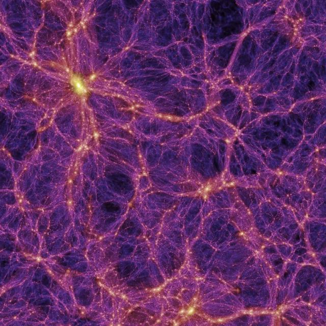 Image tirée d’une simulation de l’univers. Gigantesque toile cosmique tissée d’amas et de superamas de galaxies. Entre les filaments galactiques, on peut observer de grands vides. ©&nbsp;Max Planck Institute for Astrophysics
