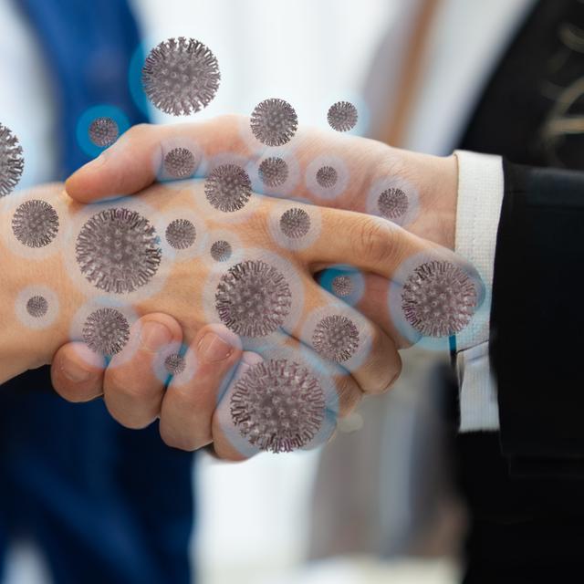 Modèle de transmission du Coronavirus au cours d&#39;une poignée de main. © franck29052515, Adobe Stock