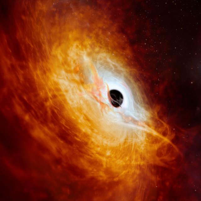 Une vue d&#39;artiste d&#39;un trou noir supermassif avec son horizon des événements entouré d&#39;un disque d&#39;accrétion. © ESO, M. Kornmesser