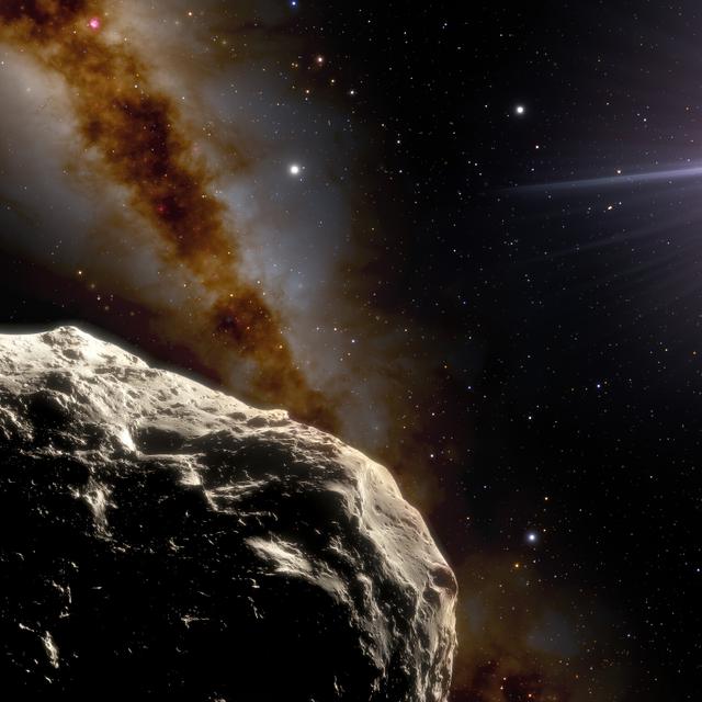 À l&#39;aide du télescope SOAR (Southern Astrophysical Research) de 4,1 mètres sur le Cerro Pachón au Chili, les astronomes ont confirmé qu&#39;un astéroïde découvert en 2020 par l&#39;enquête Pan-STARRS1, appelé 2020 XL5, est bien un troyen. Dans cette illustration, l&#39;astéroïde est représenté au premier plan en bas à gauche. Les deux points brillants au-dessus à l&#39;extrême gauche sont la Terre (à droite) et la Lune (à gauche). Le Soleil apparaît à droite. © NOIRLab, NSF, AURA, J. Da Silva