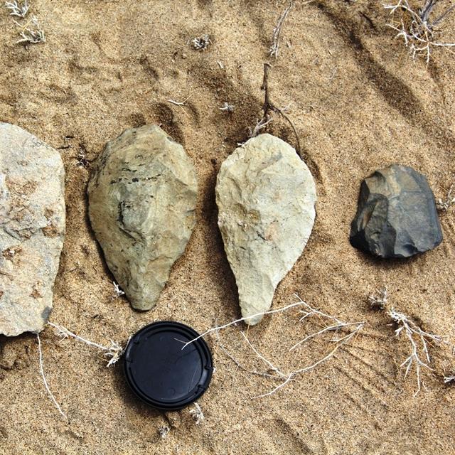 Lors de « l&#39;école de terrain 2013 », organisée par le Turkana Basin Institute, les étudiants ont pu découvrir quelques produits de l&#39;industrie lithique de l&#39;Acheuléen comme ce hachereau (à gauche) et ces deux bifaces. Dans cette même région, non loin du lac Turkana, des archéologues ont récemment découvert des outils encore bien plus anciens que ceux présentés sur cette photo. © Turkana Basin Institute