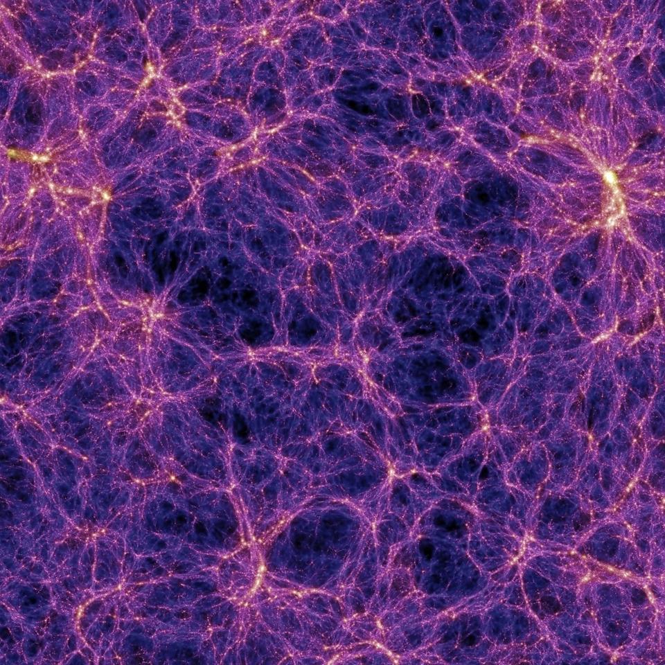 Sur cette image provenant d&#39;une des meilleures simulations de la formation des grandes structures de l&#39;Univers, des filaments de matière noire contenant des superamas de galaxies apparaissent clairement. On note aussi la présence de grands vides, parfois appelés vides cosmiques (cosmic voids, en anglais). © Max Planck Institute for Astrophysics, Millennium Simulation Project