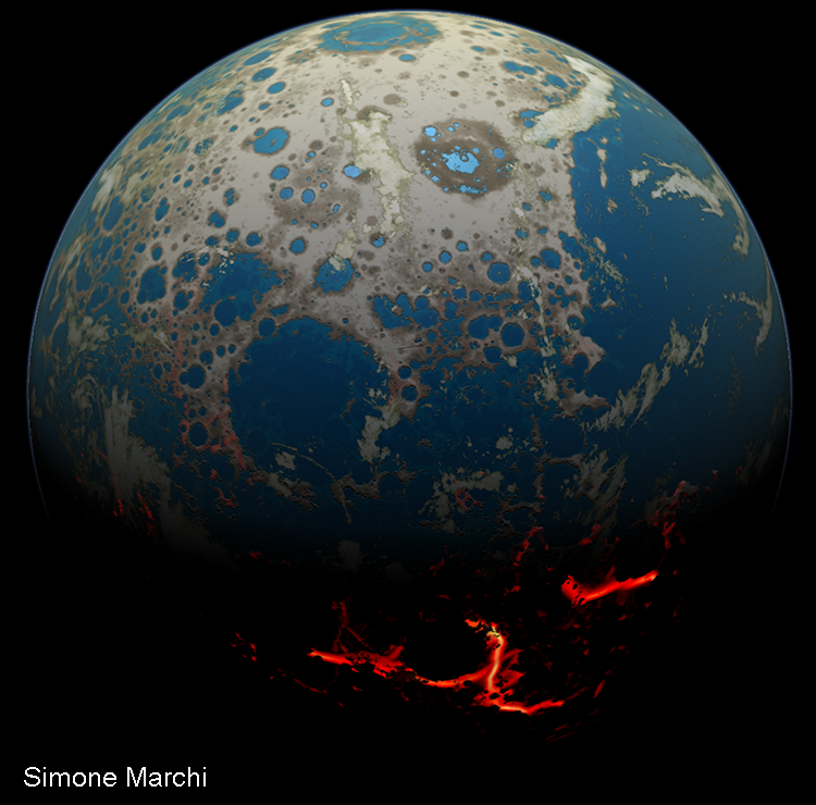 Une vue d'artiste de la Terre à l'Hadéen, il y a plus de 4 milliards d'années. De gigantesques cratères d'impact provoquant la formation de mer de lave sont encore visibles, certains remplis de l'eau des futurs océans. Dans un article publié dans Nature en 2014, l'astronome Simone Marchi et ses collègues ont estimé que pendant les 500 premiers millions d'années de l'évolution de la Terre, plus de 10.000 astéroïdes de plus de 10 km sont entrés en collision avec la Terre. Les plus petits étaient donc d'une taille comparable à l'astéroïde qui a anéanti les dinosaures (avec environ les trois quarts des espèces végétales et animales !) il y a environ 66 millions d'années. Les effets de ces collisions, cependant, étaient minimes, par rapport aux plus gros car pendant la même période environ 200 objets de plus de 100 km de diamètre auraient frappé la jeune Terre. Chacune de ces collisions était au moins 1.000 fois plus énergétique que celle responsable de l'extinction des dinosaures. © Simone Marchi